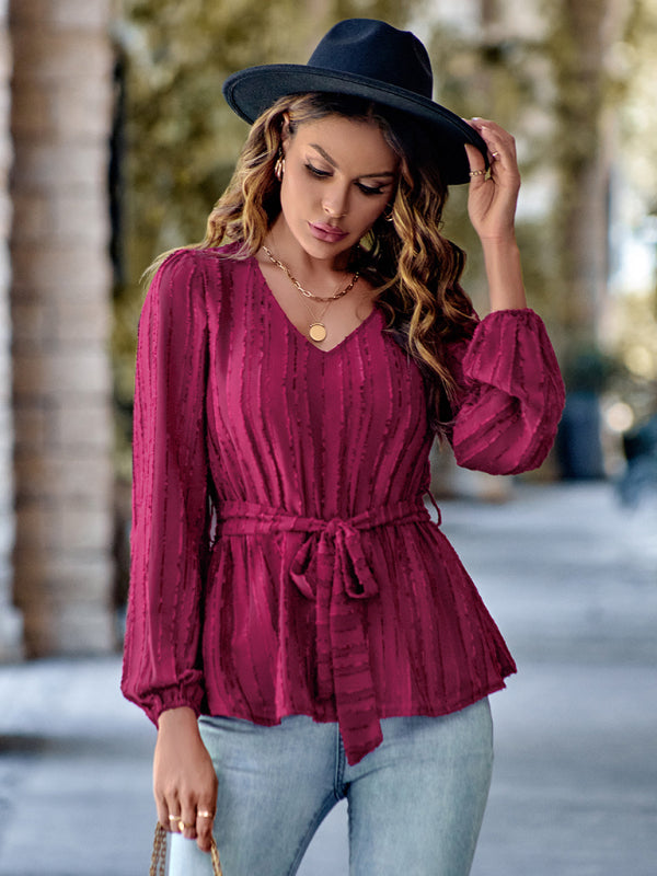 Adelina Casual V-Neck Tied Waist Slim Long Sleeves