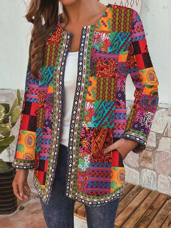 Mckenna Casual Retro Cotton And Linen Printed Loose Long-Sleeved Cardigan Jacket