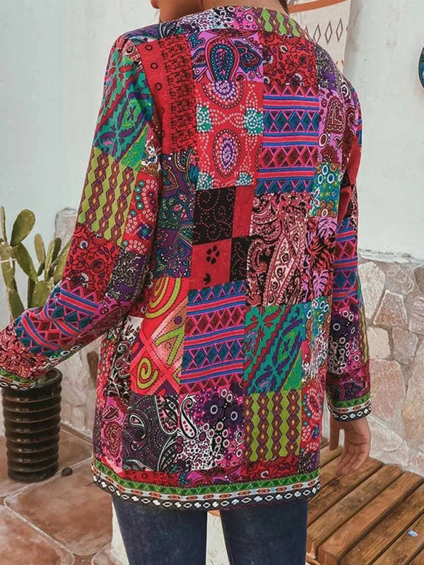 Mckenna Casual Retro Cotton And Linen Printed Loose Long-Sleeved Cardigan Jacket