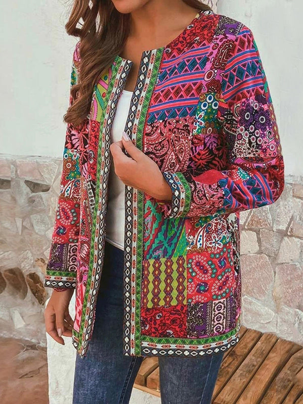 Mckenna Casual Retro Cotton And Linen Printed Loose Long-Sleeved Cardigan Jacket