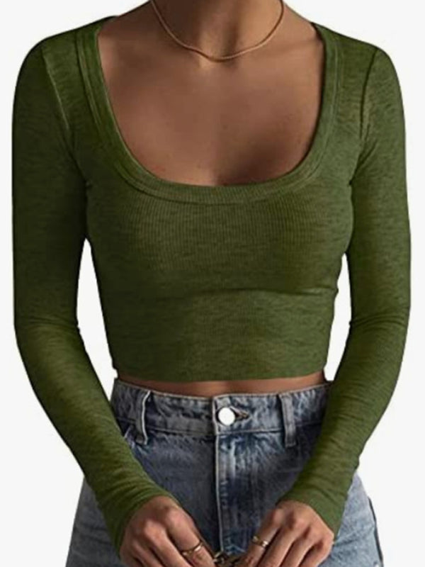 Sarai New Women's Large Round Neck Long-sleeved Ultra-short Slim T-shirt Top