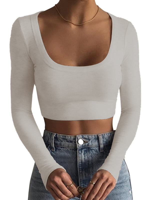 Sarai New Women's Large Round Neck Long-sleeved Ultra-short Slim T-shirt Top