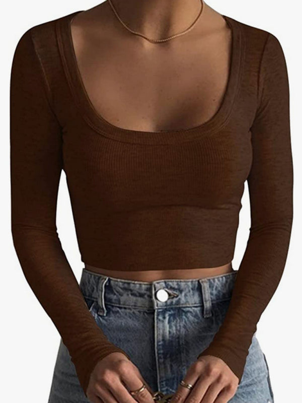 Sarai New Women's Large Round Neck Long-sleeved Ultra-short Slim T-shirt Top