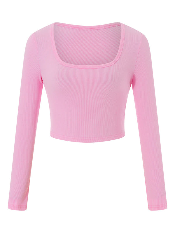 Sarai New Women's Large Round Neck Long-sleeved Ultra-short Slim T-shirt Top