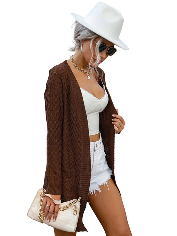 Elisa Fashionable Women's Solid Color Mid-Length Long-Sleeved Twist Sweater Cardigan