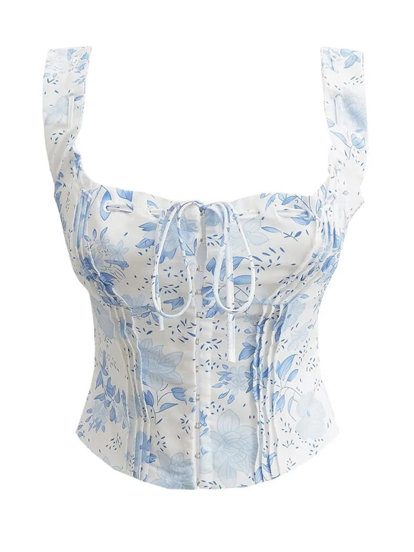 Niko Women's French Sweet And Gentle Fresh Lace-Up Halter Top Fishbone Hook Short Top