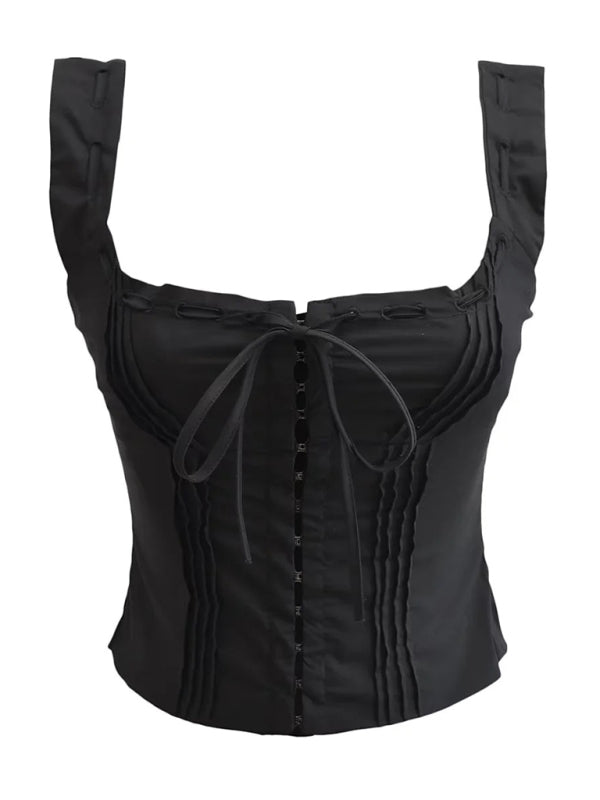 Niko Women's French Sweet And Gentle Fresh Lace-Up Halter Top Fishbone Hook Short Top
