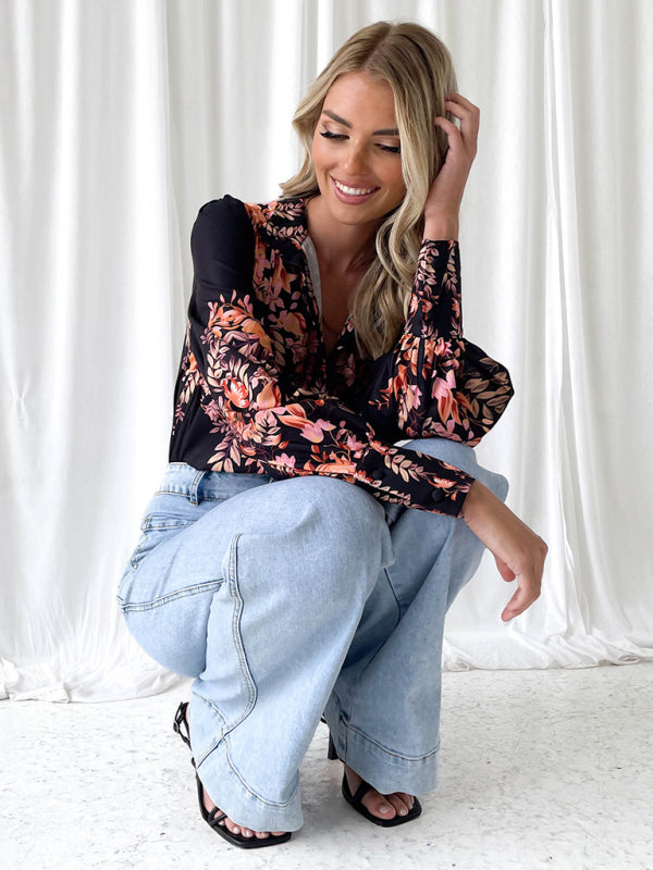 Amelina New Elegant Printed V-Neck Long-Sleeved Single-Breasted Shirt