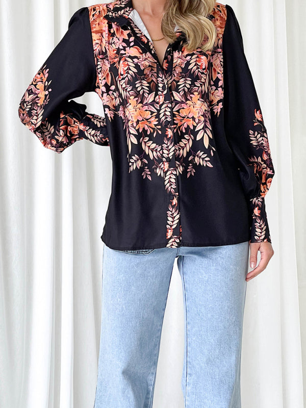 Amelina New Elegant Printed V-Neck Long-Sleeved Single-Breasted Shirt