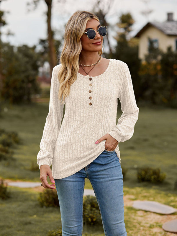 Mila Round Neck Ribbed Brushed Solid Color Buttoned Long-Sleeved T-Shirt