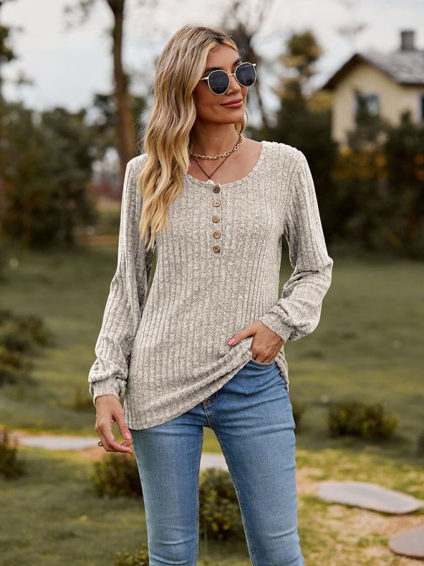 Mila Round Neck Ribbed Brushed Solid Color Buttoned Long-Sleeved T-Shirt