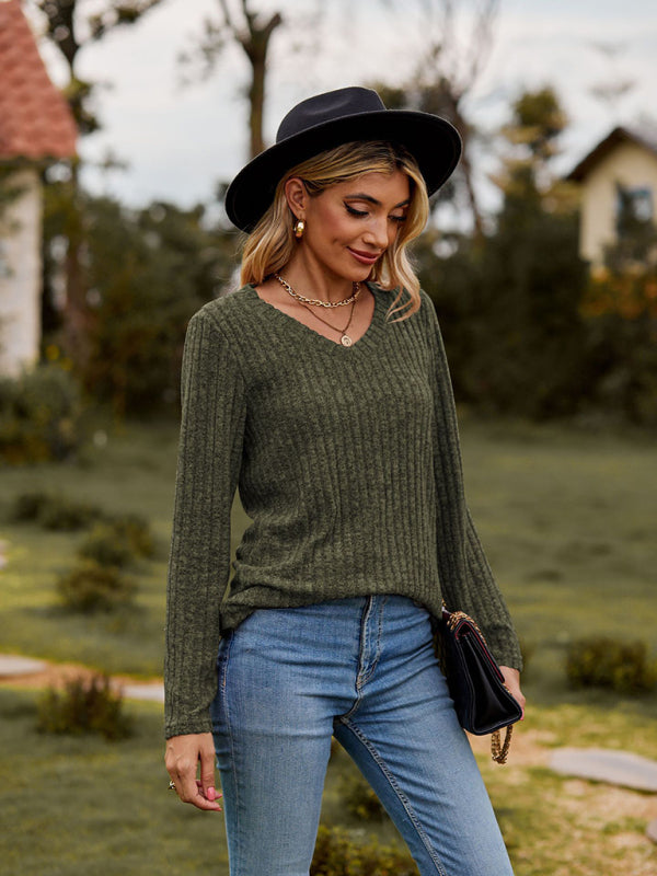 Audra V-Neck Brushed Pit Top Long-Sleeved T-Shirt