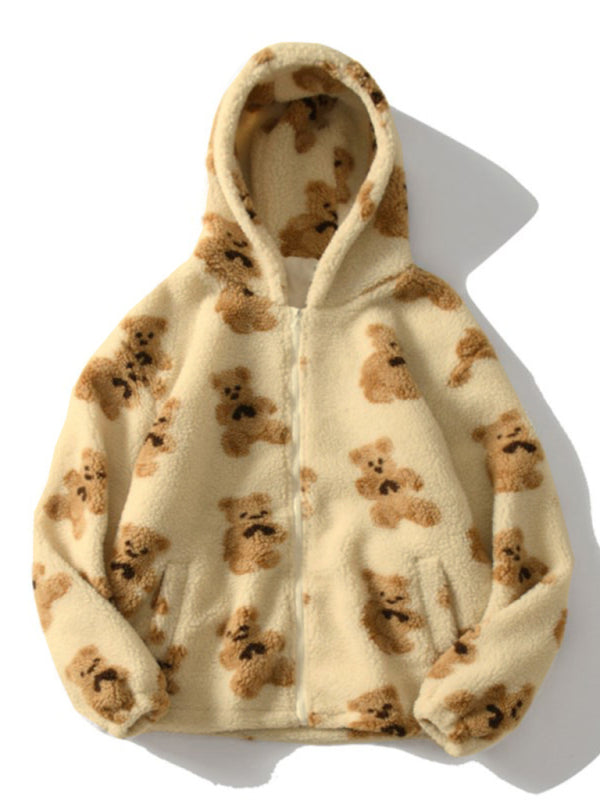 Jayda Ladies Hooded Thick Casual Cartoon Pattern Bear Zipper Pocket Plush Sweater