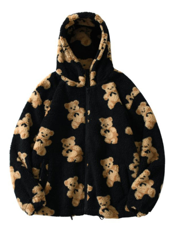 Jayda Ladies Hooded Thick Casual Cartoon Pattern Bear Zipper Pocket Plush Sweater