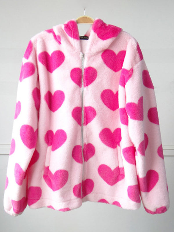 Jayda Ladies Hooded Thick Casual Cartoon Pattern Bear Zipper Pocket Plush Sweater