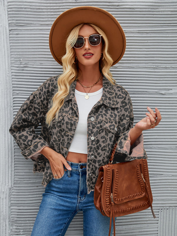 Jocelyn Women's Autumn and Winter New Leopard Print Fashion Casual Denim Short Jacket