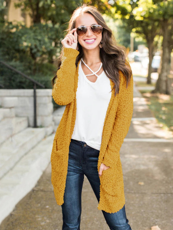 London New Solid Color Grain Velvet Double Pocket Cardigan Sweater Jacket