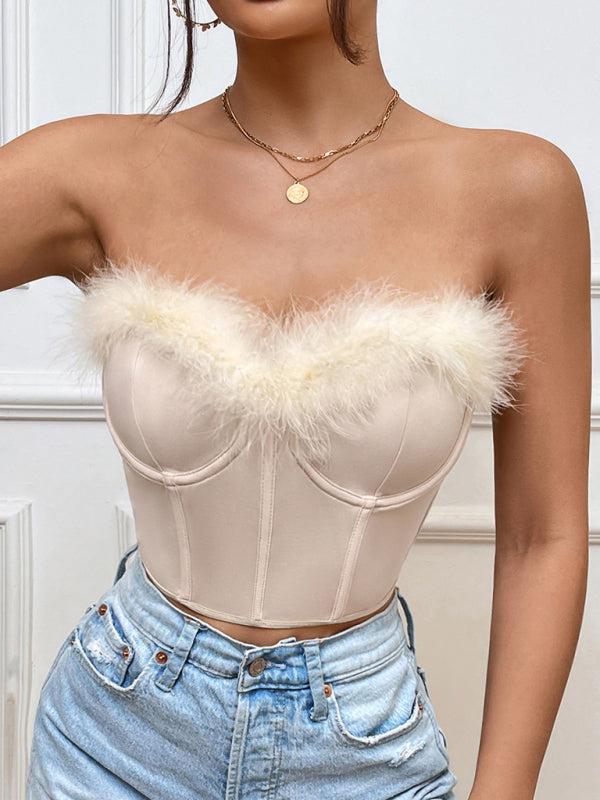 Mirielle New Hot Girl Low-Cut Eyelash Splicing Short Feather Steel Ring Fishbone Top