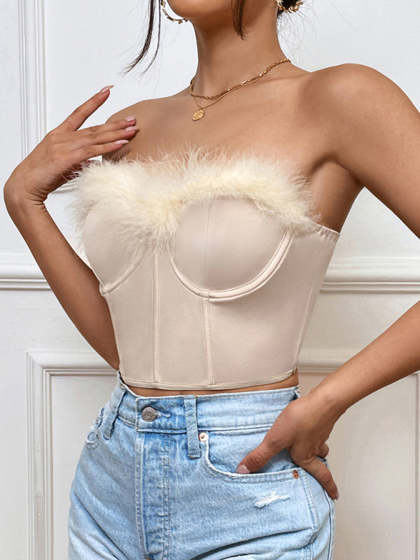 Mirielle New Hot Girl Low-Cut Eyelash Splicing Short Feather Steel Ring Fishbone Top