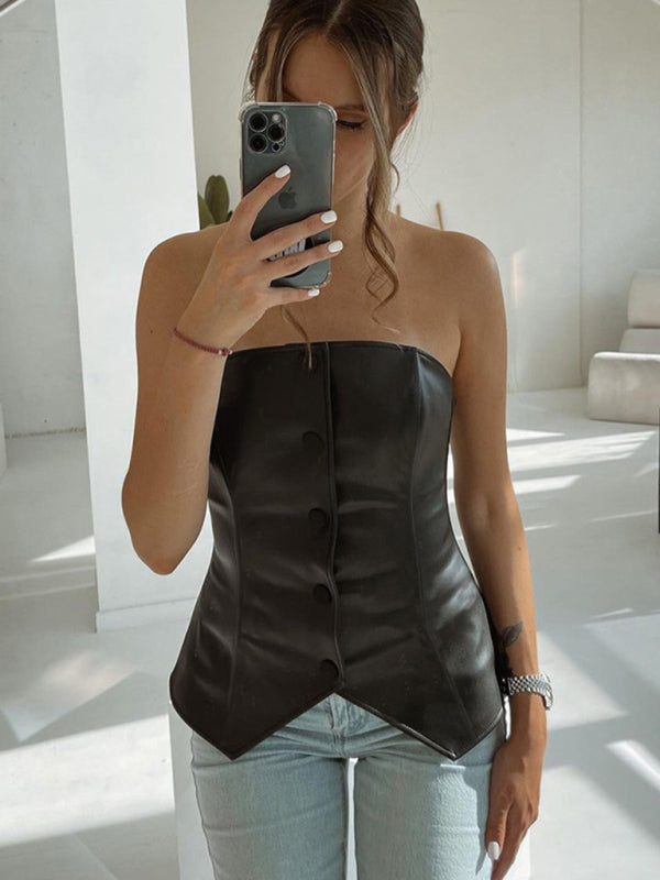 Miriana New PU Leather Single-Breasted Bateau Collar Slim And Sexy Backless Tube Top