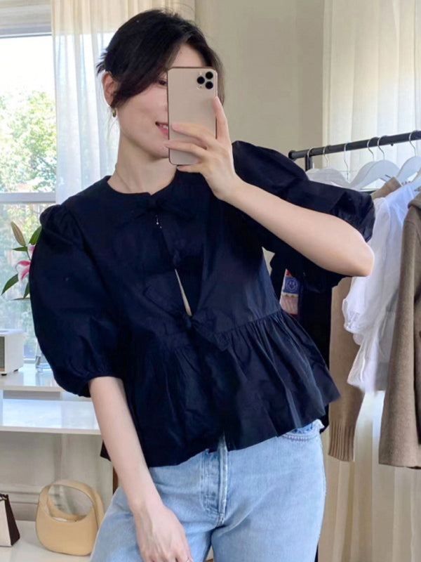 Andrina Women's Tie Puff Sleeve Waist Shirt Blouse