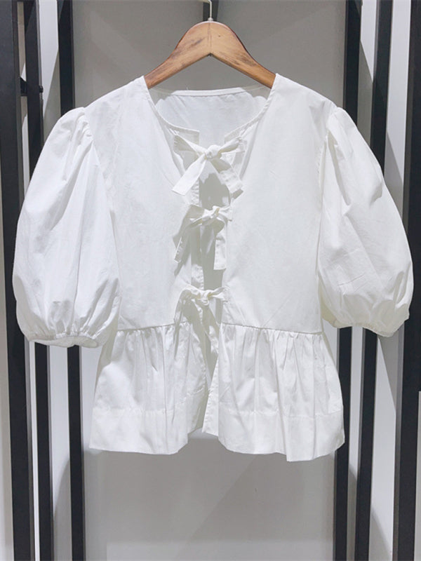 Andrina Women's Tie Puff Sleeve Waist Shirt Blouse