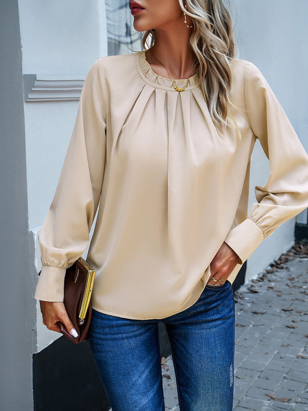 Anemone New Style Women's Elegant Lace Collar Long-Sleeved Solid Color Top