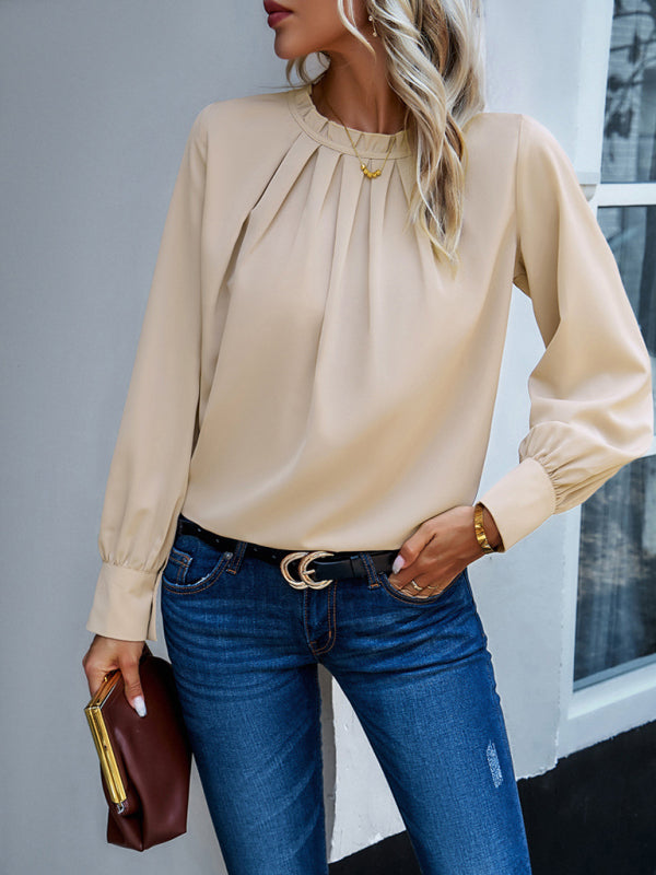 Anemone New Style Women's Elegant Lace Collar Long-Sleeved Solid Color Top
