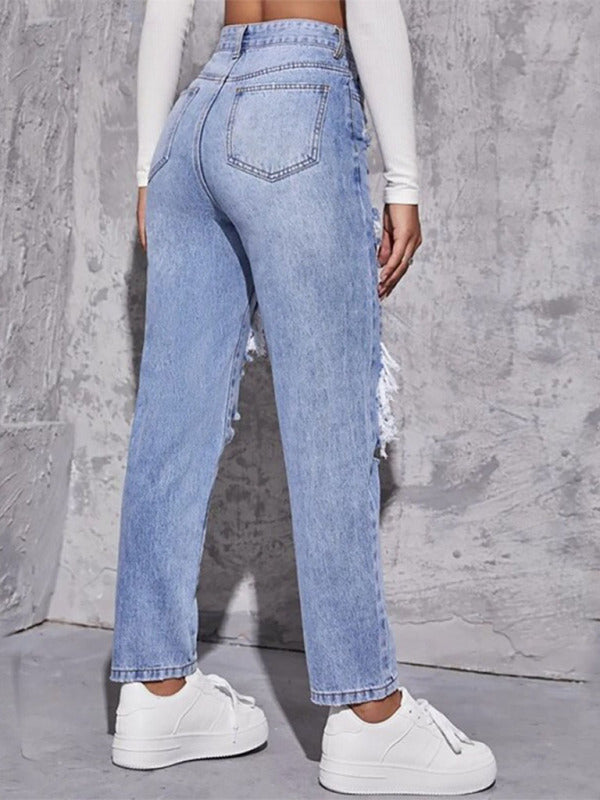 Samara Women's Washed Ripped High Waist Jeans Straight Trousers