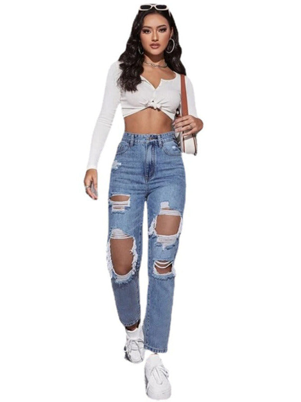 Samara Women's Washed Ripped High Waist Jeans Straight Trousers