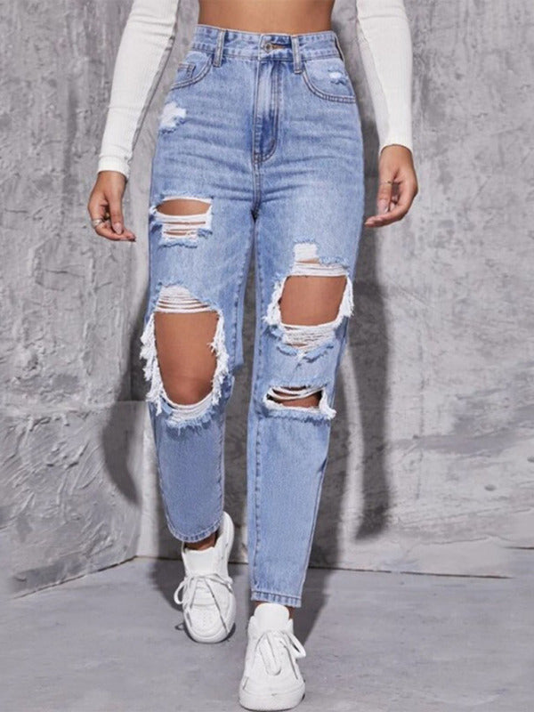 Samara Women's Washed Ripped High Waist Jeans Straight Trousers