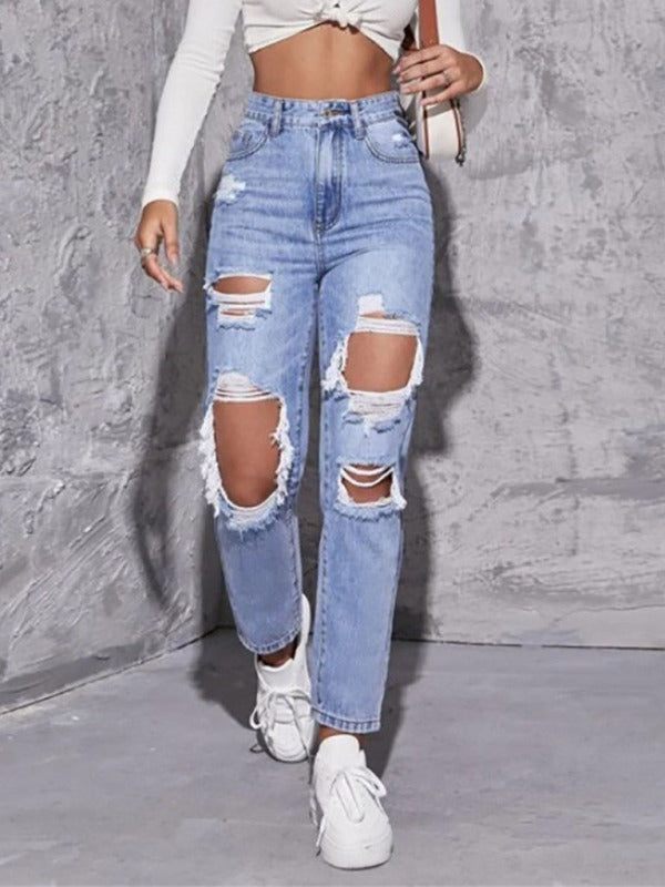 Samara Women's Washed Ripped High Waist Jeans Straight Trousers