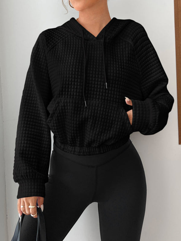 Emilie Loose Pullover Hooded Long-Sleeved Patchwork Waffle Sweatshirt