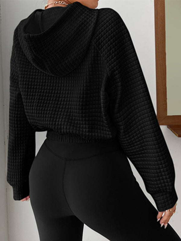 Emilie Loose Pullover Hooded Long-Sleeved Patchwork Waffle Sweatshirt