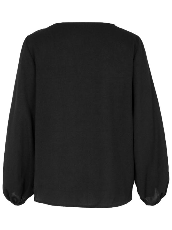 Angelique Women's New Solid Color V-Neck Long-Sleeved Retro Shirt
