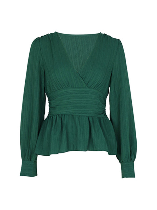 Avalee Women's New Solid Color V-Neck Long-Sleeved Waist Shirt