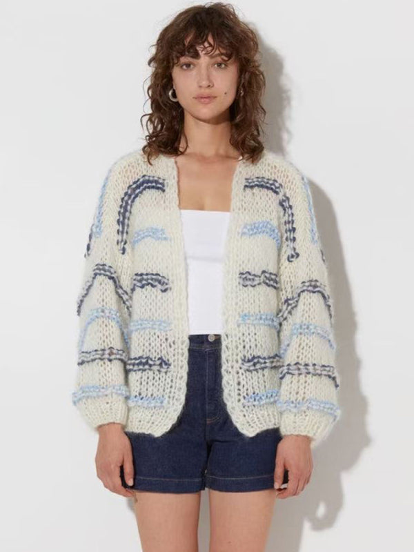 Kerri Designed To Be Niche, Loose, Fashionable And Versatile, Contrast Striped Lazy Style Knitted Cardigan