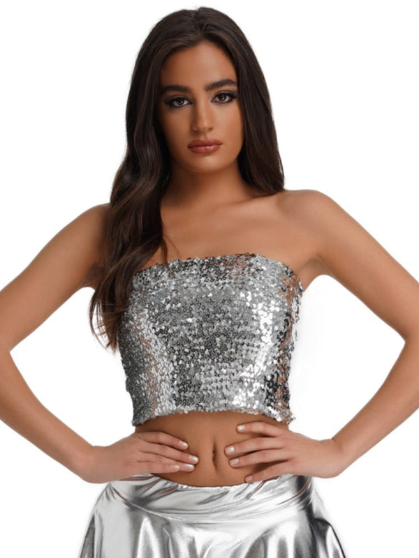 Nerys Women's Sequin Inner Performance Wear High Elastic Bandeau Top
