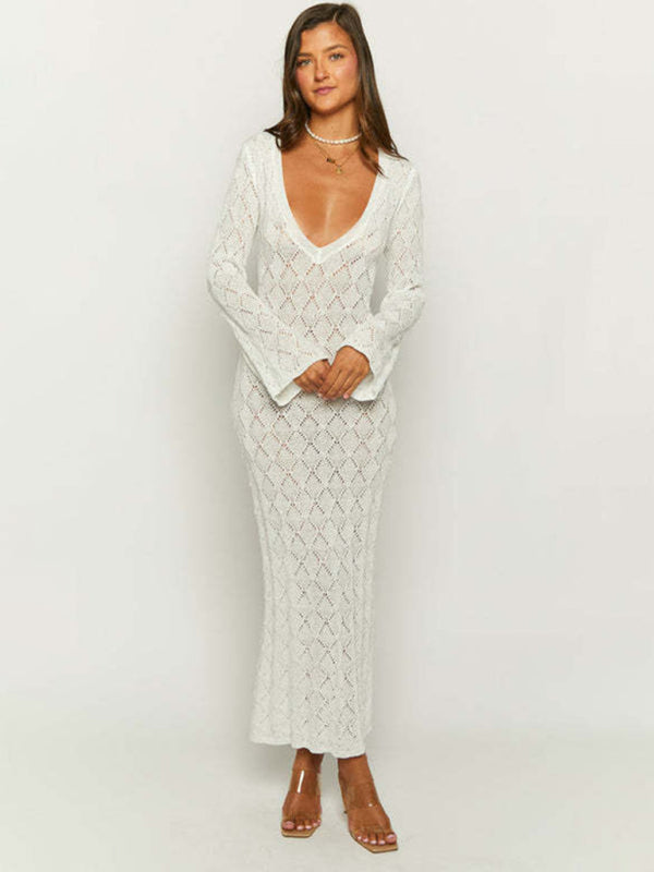 Raven Temperamental Low-Cut Sexy V-Neck Long-Sleeved Backless Slim-Fit Hip-Hugging Knitted Long Dress