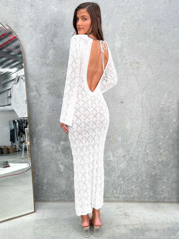 Raven Temperamental Low-Cut Sexy V-Neck Long-Sleeved Backless Slim-Fit Hip-Hugging Knitted Long Dress