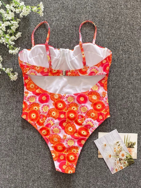 Phoebe New Flower One-Piece Low-Cut High-Cross Swimsuit