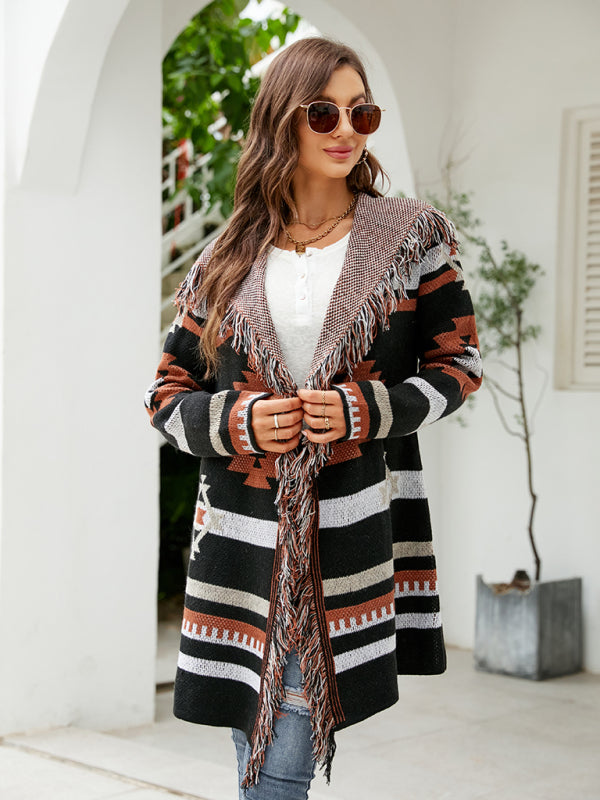 Madeleine Women's Fringed Geometric Jacquard Sweater Cardigan