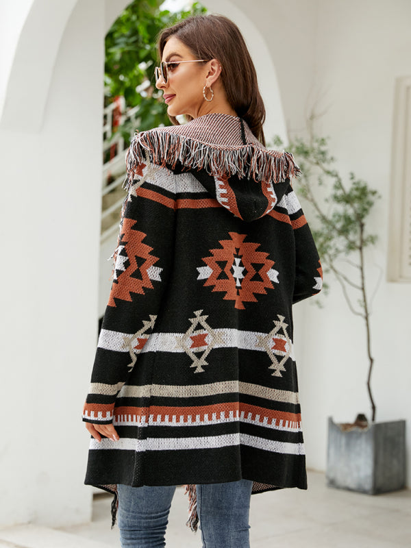 Madeleine Women's Fringed Geometric Jacquard Sweater Cardigan