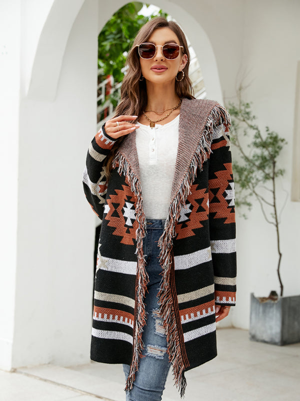 Madeleine Women's Fringed Geometric Jacquard Sweater Cardigan