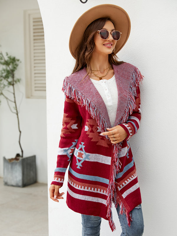 Madeleine Women's Fringed Geometric Jacquard Sweater Cardigan