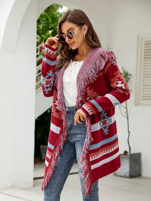 Madeleine Women's Fringed Geometric Jacquard Sweater Cardigan