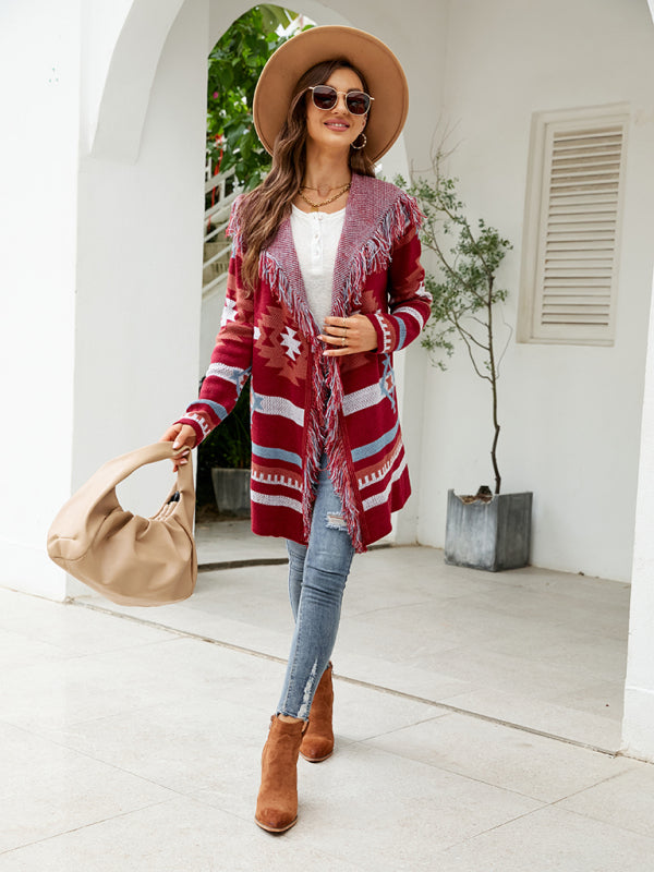 Madeleine Women's Fringed Geometric Jacquard Sweater Cardigan