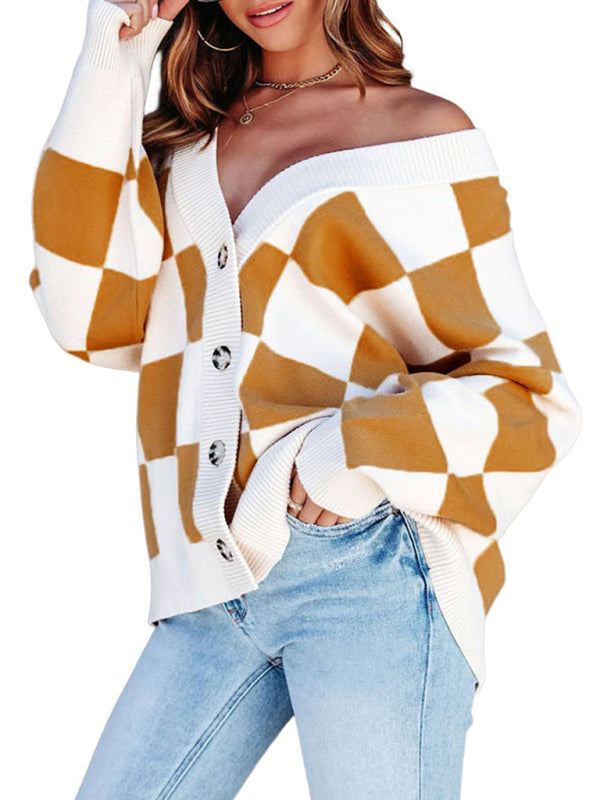 Carolina Women's Checkerboard Casual Loose Button Cardigan
