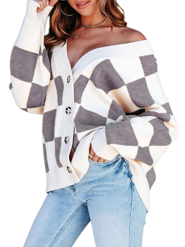 Carolina Women's Checkerboard Casual Loose Button Cardigan