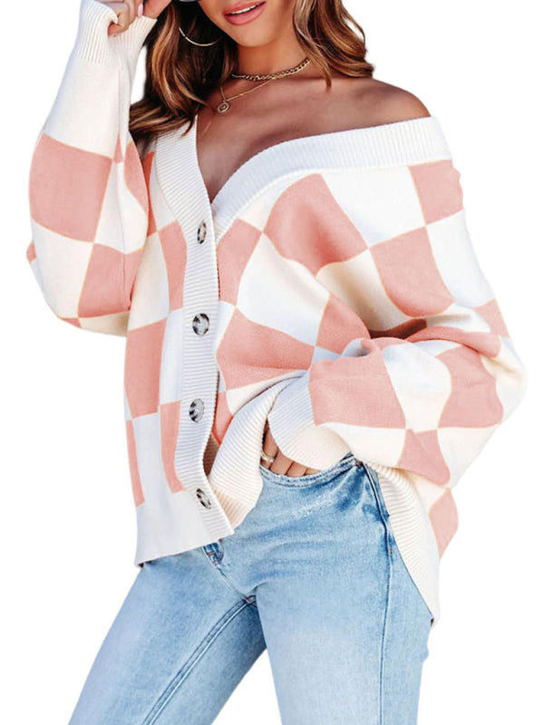 Carolina Women's Checkerboard Casual Loose Button Cardigan